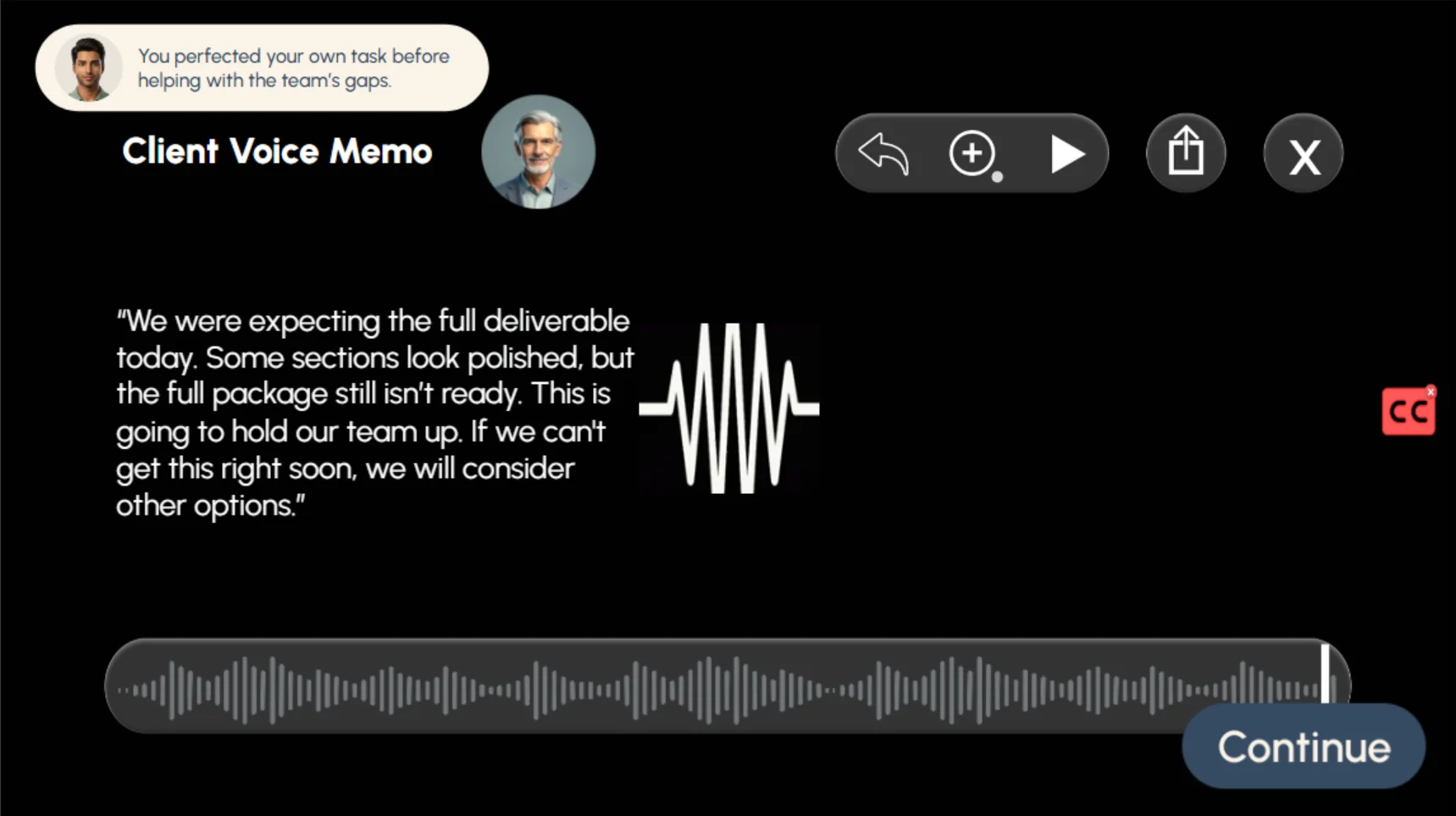 Client voice memo screen with transcript, waveform, and a mentor note about perfecting your own task first