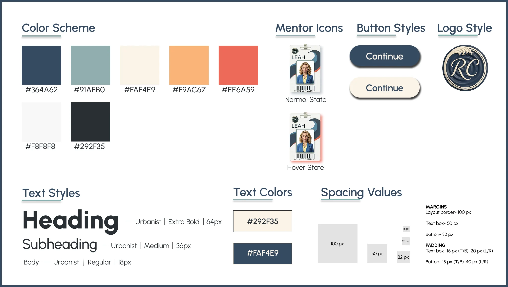 Project style guide showing color scheme, mentor icons, button styles, logo style, text styles, text colors, and spacing values
