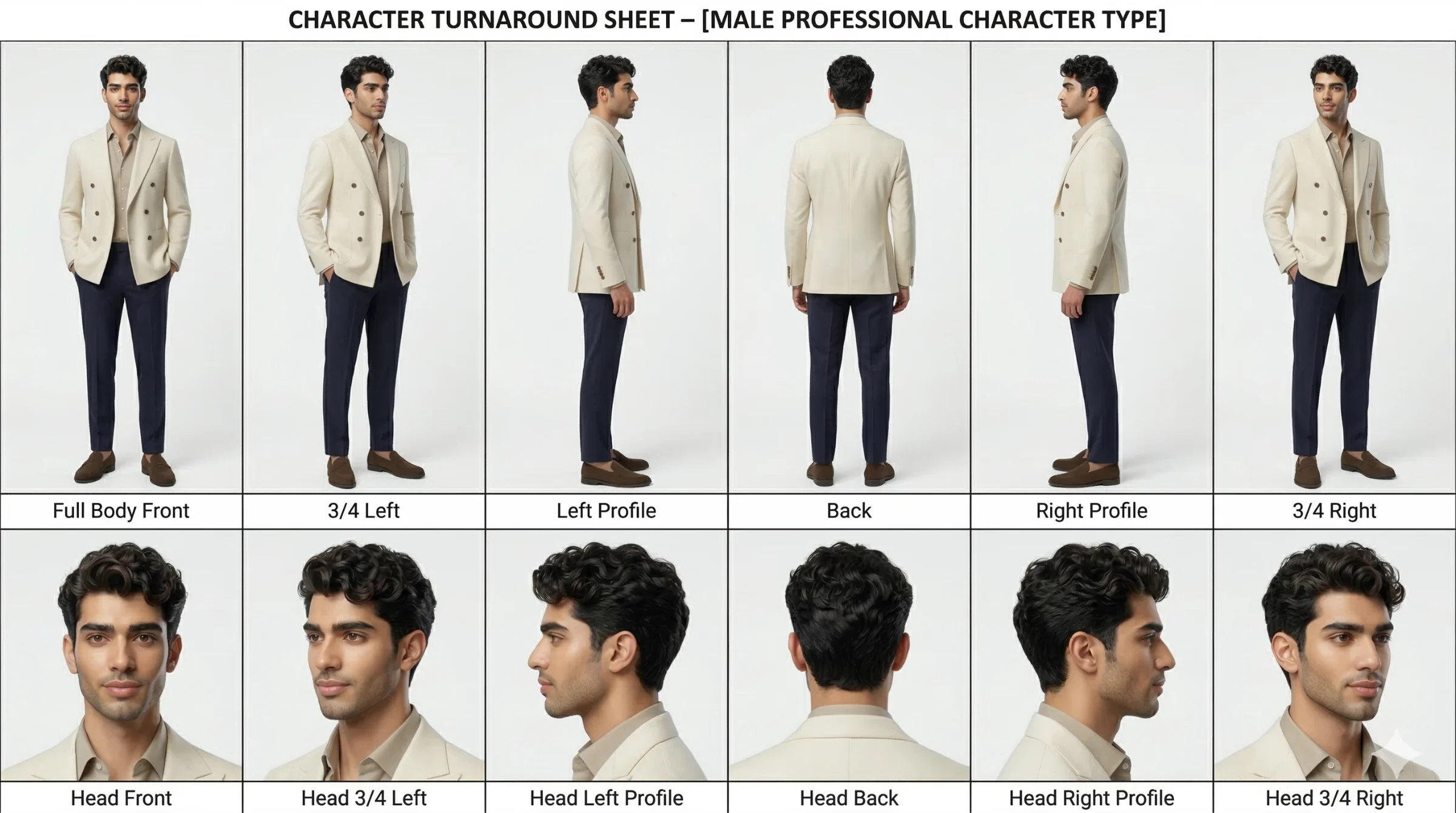 Character turnaround sheet showing full-body and head views from multiple angles for the male professional character