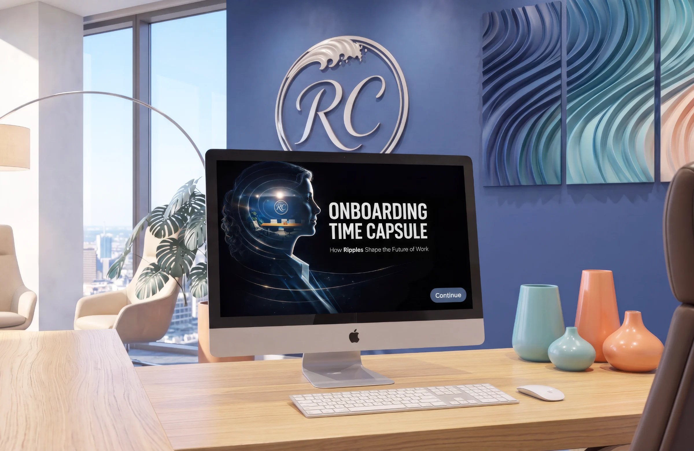 Onboarding Time Capsule title screen on a desktop in the RippleCrest office